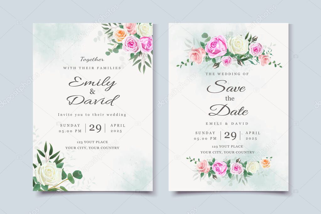 Wedding Invitation Card with Beautiful Blooming Floral and Watercolor Background