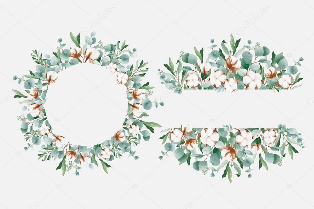 Watercolor floral frame with eucalyptus and cotton flowers