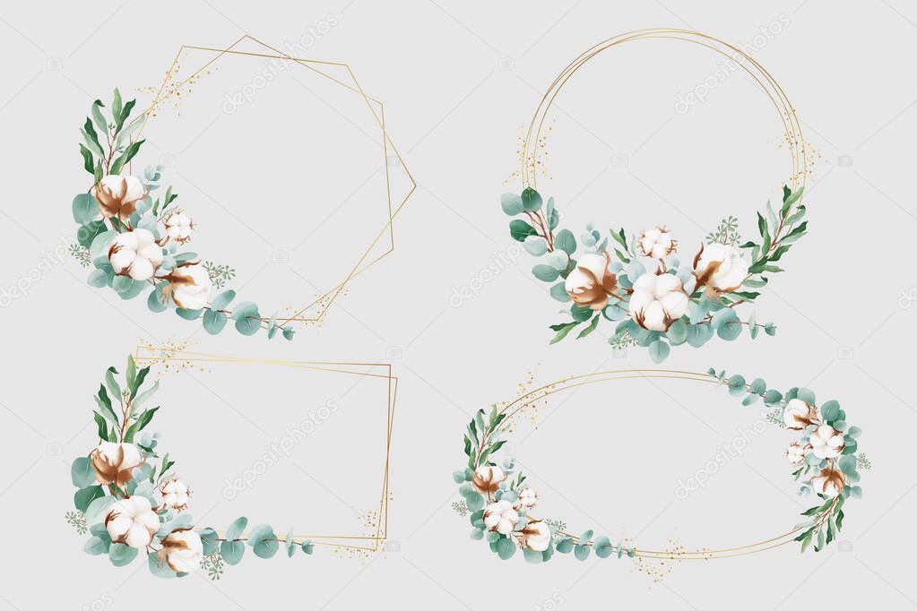 Geometric golden frame with cotton flowers and eucalyptus leaves