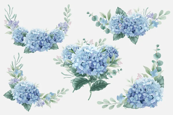 Красиві Акварельні Квіткові Букети Квітами Гортензії Гілками Евкаліпта — стоковий вектор