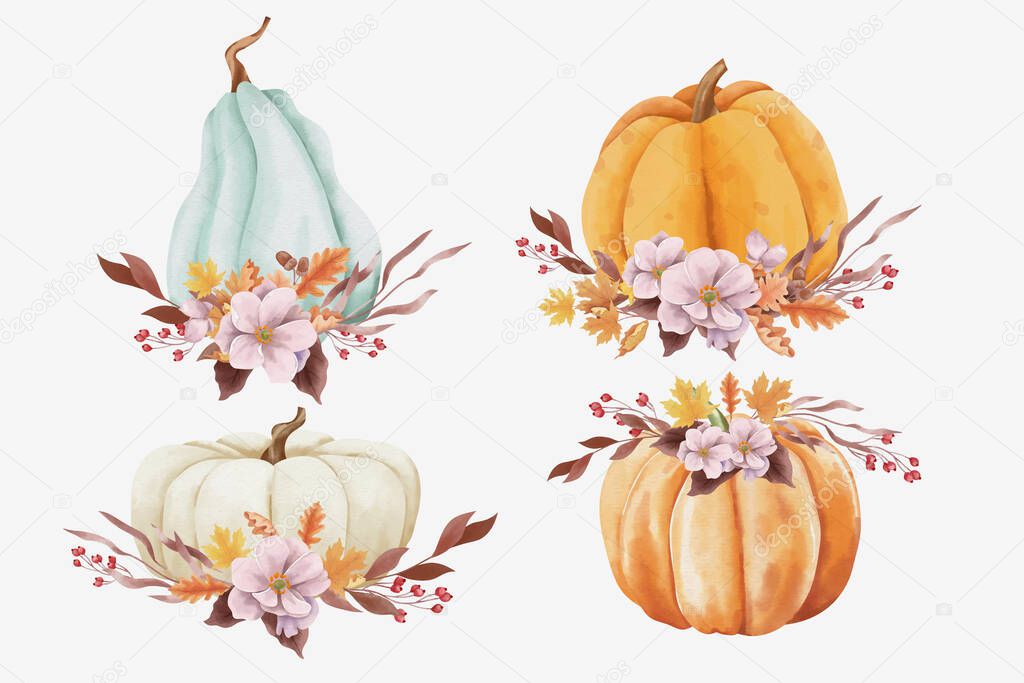 Watercolor Autumn Pumpkins and Leaves