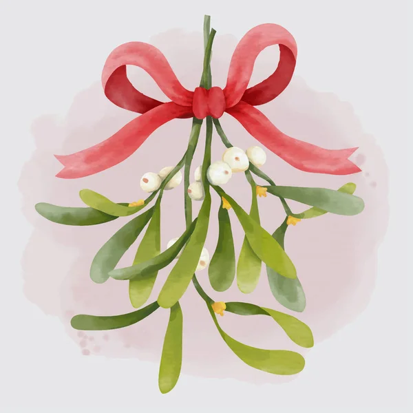 Natale Tradizionale Acquerello Appeso Bouquet Vischio Con Fiocco Rosso — Vettoriale Stock