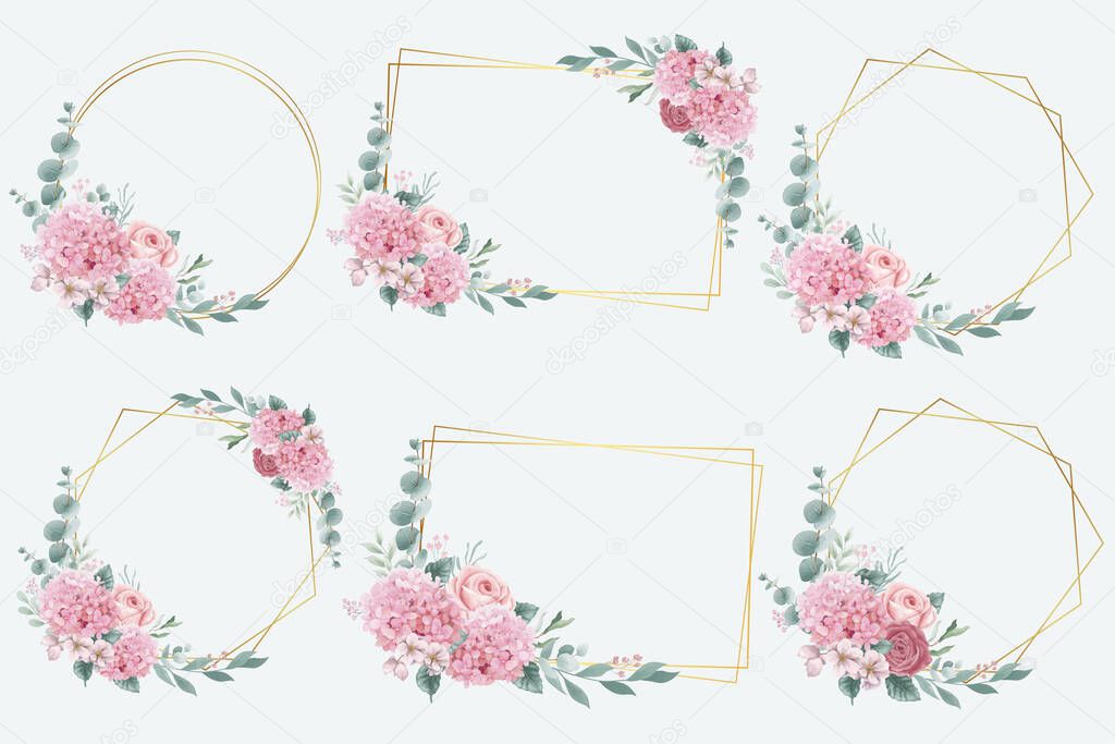 Watercolor hydrangea and roses flowers frames collection