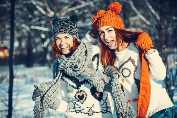 Due amiche in inverno all'aperto — Foto Stock