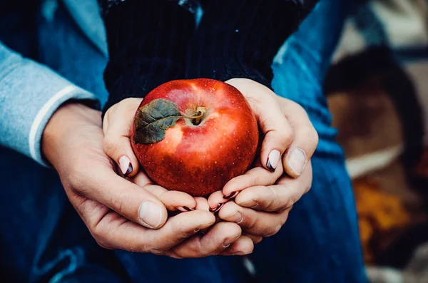 Kırmızı elma tutan güzel genç Çift