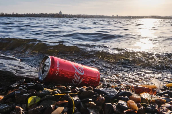 Una lata de cola de coca yace en la playa de rocas Imagen de stock