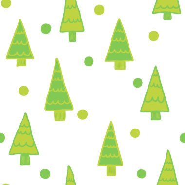 Yeşil Noel ağaçları, beyaz arka planda kusursuz daireler çiziyor. Hediye paketi, ambalaj kağıdı, tekstil, kıyafet baskısı, pamuk torbası, basılı kağıt ürünleri için mükemmel. Dijital illüstrasyon.