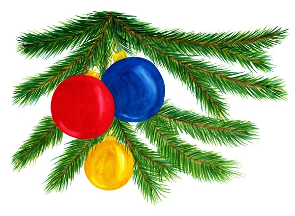 Kerst Samenstelling Van Boomtakken Ballen Van Rode Blauwe Gele Kleur — Stockfoto