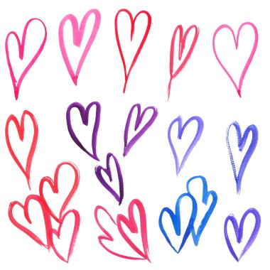 Beyaz arka planda izole edilmiş, fırça ve kağıttan görünür dokuya sahip suluboya eller çizildi. Şekil ve boyut olarak farklı. Kart, baskı, hediye paketi, çıkartma, tekstil yapmak için mükemmel..