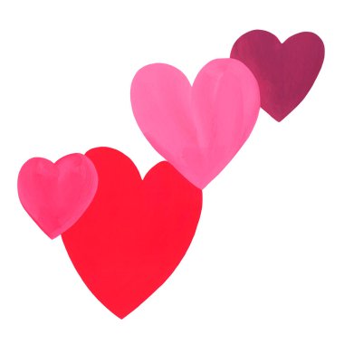 Pembe ve kırmızı gölgeli dört kalp seti, beyaz arka planda izole edilmiş. Gulak içinde elle çizilmiş. Fırça darbesinin dokusu görülebilir. Tekstil, baskılar, tebrik kartları, hatıra defteri, poster tasarımı, hediye paketi için ideal