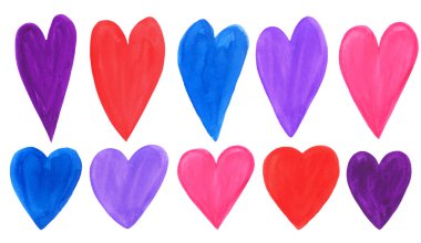 Beyaz arka planda kırmızı, pembe, mavi, menekşe ve leylak rengi kalpler çizilmiş. Şekil ve boyut olarak farklı. Kart, baskı, hediye paketi, çıkartma, tekstil, koleksiyon defteri yapmak için mükemmel..