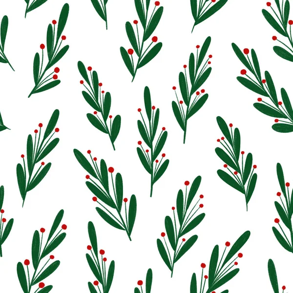 Hand-drawn seamless pattern of decorative branches of mistletoe green color on white background. Perfect for textile, prints, packaging, scrapbooking, wrapping paper, gift bags or background. Digital illustration