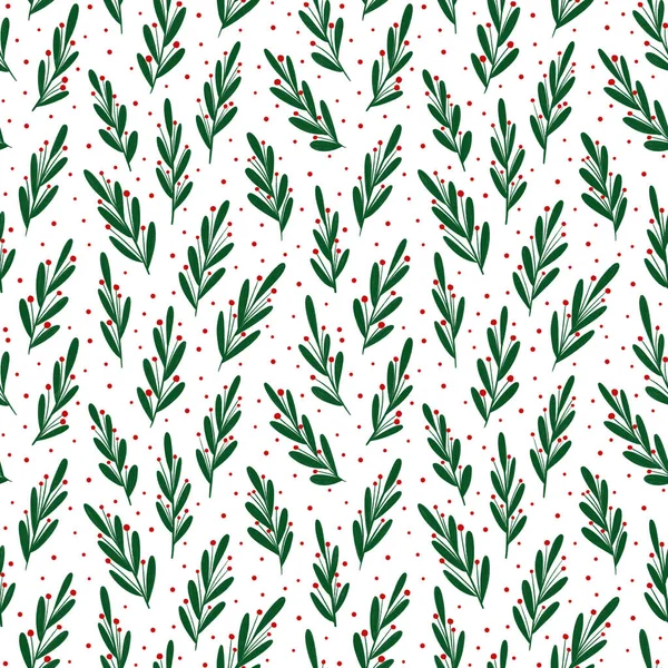 Hand-drawn seamless pattern of decorative branches of mistletoe green color on white background. Perfect for textile, prints, packaging, scrapbooking, wrapping paper, gift bags. Digital illustration