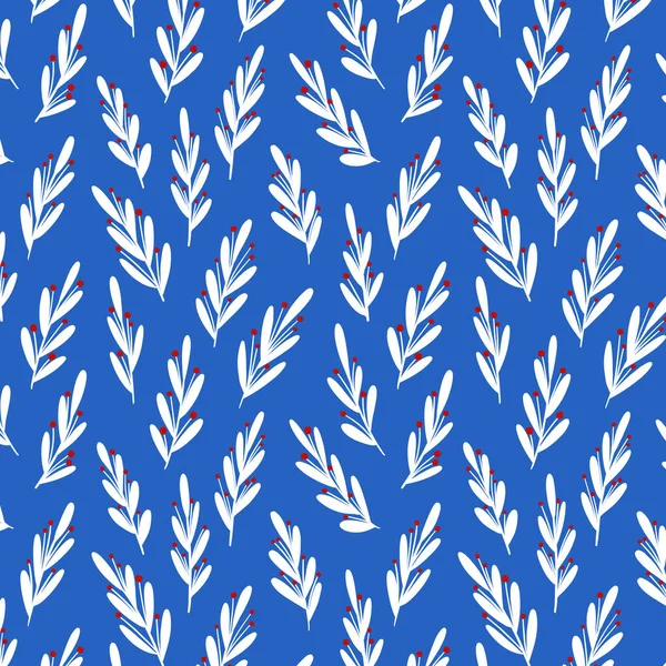 Hand-drawn seamless pattern of decorative branches of mistletoe white color on blue  background. Perfect for textile, prints, packaging, scrapbooking, wrapping paper, gift bags. Digital illustration