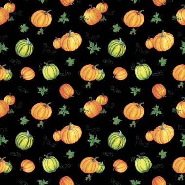 Siyah arka planda elle çizilmiş suluboya balkabaklarıyla kusursuz desen. Tekstil, ambalaj kağıdı, yapıştırma kitabı, çantalar, kırtasiye, tebrik kartları, web siteleri, afişler, ambalajlar için mükemmel.