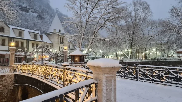 Puente Con Una Guirnalda Puertas Hierro Invierno Crown Plaza Hotel — Foto de Stock