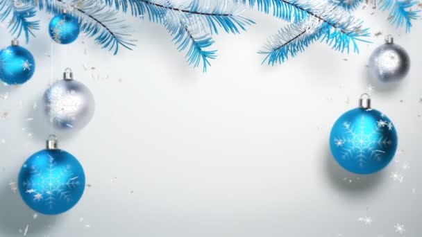 Boules de Noël bleues et neige avec espace libre au milieu — Video