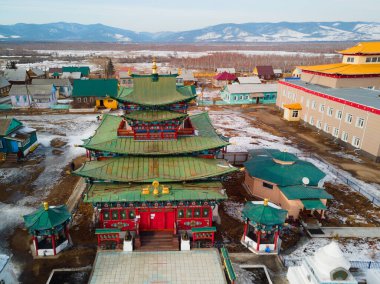 a view from a drone of a pavilion in a Buddhist monastery. Ivolginsky datsan Republic of Buryatia, Siberia Russia