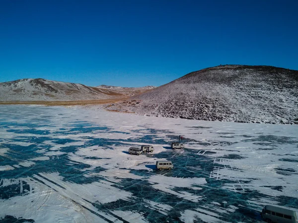 Una Vista Drone Vecchie Auto Sovietiche Piedi Sul Ghiaccio Del — Foto Stock