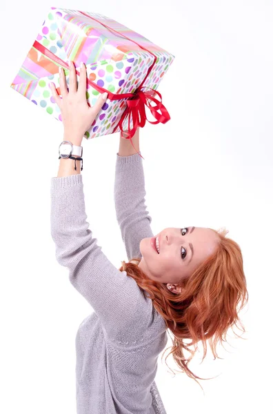 Woman holding gift box — Stock Photo, Image