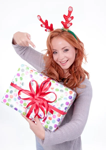 Beautiful blonde woman with reindeer antlers — Stock Photo, Image