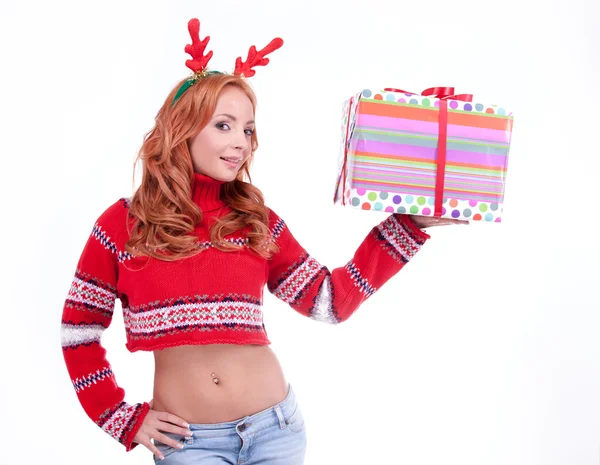Beautiful blonde woman with reindeer antlers — Stock Photo, Image