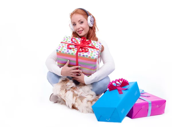 Woman surprised at receiving a gift — Stock Photo, Image