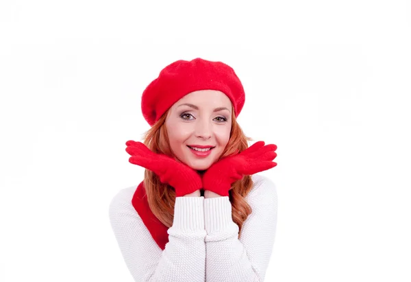 Γυναίκα με τα κόκκινα γάντια και καπέλο — Φωτογραφία Αρχείου
