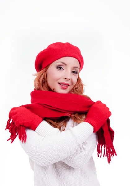 Woman with red gloves and hat — Stock Photo, Image