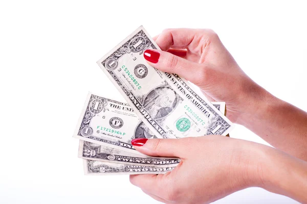 Woman hands holding banknotes of dollars — Stock Photo, Image