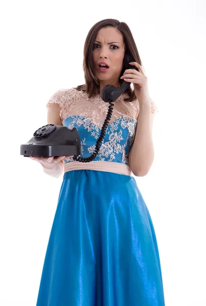 Foto da menina sorridente com telefone vintage — Fotografia de Stock