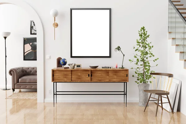 Klasik hipster tavan arası arka planında poster çerçeveleri ve tuval, 3 boyutlu canlandırma