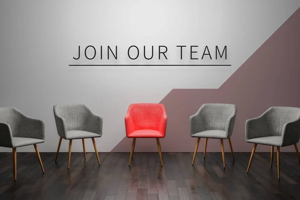 Job recruiting advertisement represented by \'join our team\' texts on the chairs or wall. One chair is colored differently to represent the hiring position to be recruited and filled.3d render