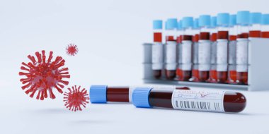 Coronavirus Covid19 test tüpü bir rafta. Tıbbi tarama ve Covid testleri prodüksiyon 3 boyutlu görüntüleme