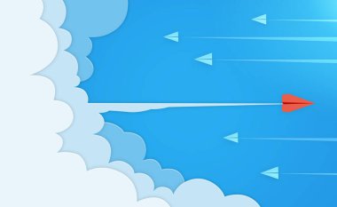 Kırmızı kağıttan bir uçak mavi arka planda farklı bir yöne bakıyor. Yeni fikirler için iş yaratıcılık ve yenilikçi çözüm kavramları.