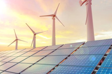 Günbatımında rüzgar jeneratörleri türbinleri ve güneş panelleri. 3d illüstrasyon