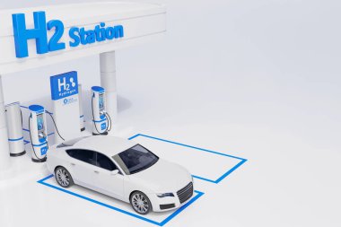 Hidrojen yakıtlı araç şarj istasyonu beyaz renkli görsel tasarım. 3d Görüntü