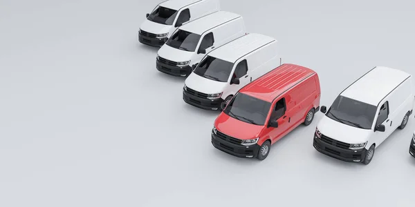 Beyaz Minibüs Filosunun Önünde Duran Kırmızı Bir Minibüs — Stok fotoğraf