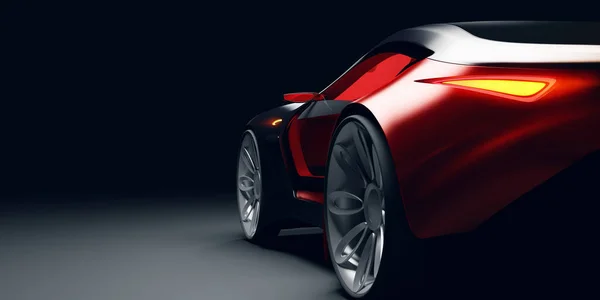Stüdyo ışığında fütüristik hızlı spor arabanın arka görüntüsü. Markasız konsept araba. 3d oluşturma