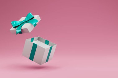Kurdeleli ve yay izole edilmiş bir hediye kutusu aç. 3d illüstrasyon