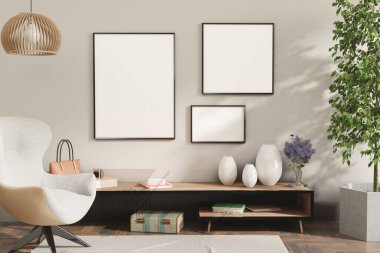 Çerçeveyi ev içi arka planda, oturma odasını doğal mobilyalarla, İskandinav tarzı 3D illüstrasyonla düzenle