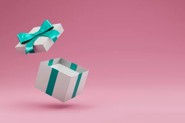 Kurdeleli ve yay izole edilmiş bir hediye kutusu aç. 3d illüstrasyon