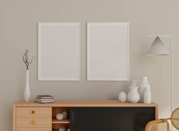 Mock up frame in home interior background, living room with natural furniture, Scandinavian style 3d illustration