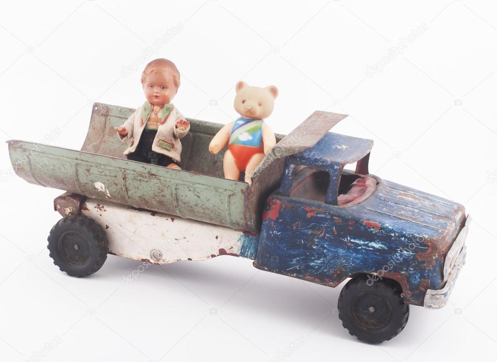 Vintage truck, doll and bear, toys
