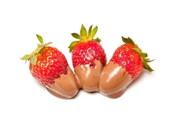 Strawberries with melted chocolate isolated on white — Stock Photo, Image