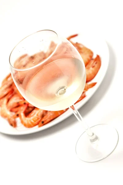 Prawn with a glass of white wine — Stock Photo, Image