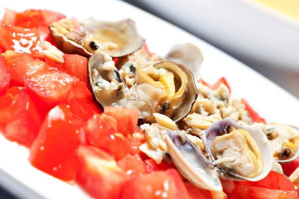 Färska tomater och musslor — Stockfoto