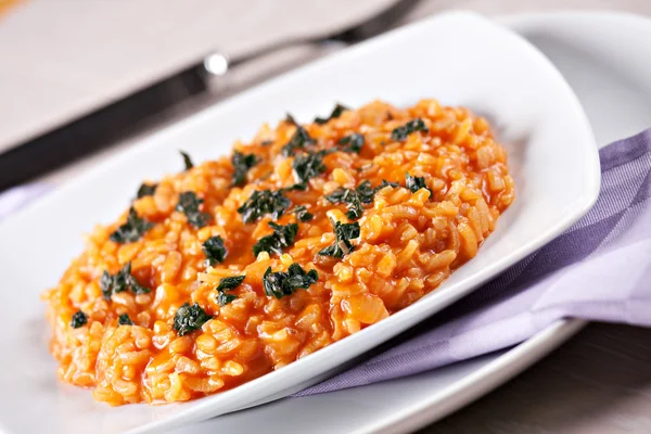 Risotto med tomater på vit platta — Stockfoto