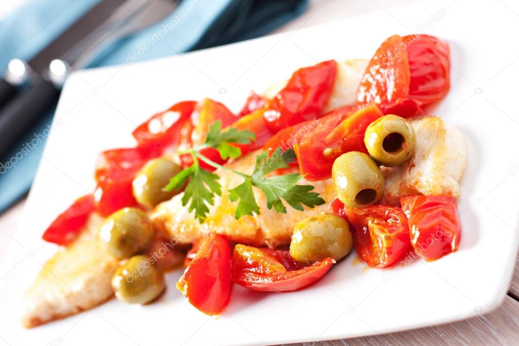 halibut fillet with tomatoes and olives