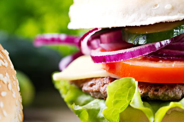 Finom hamburgert, friss zöldségekkel — Stock Fotó